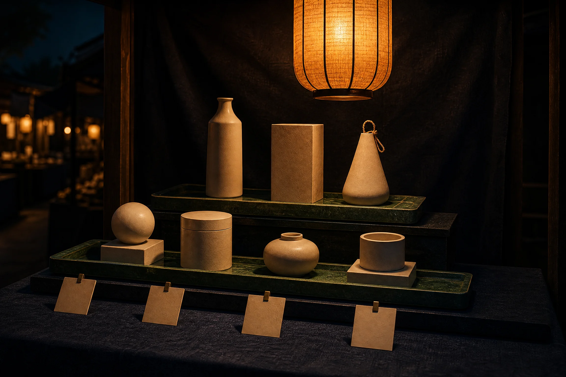 Objects arranged on an inventory counter under a lantern