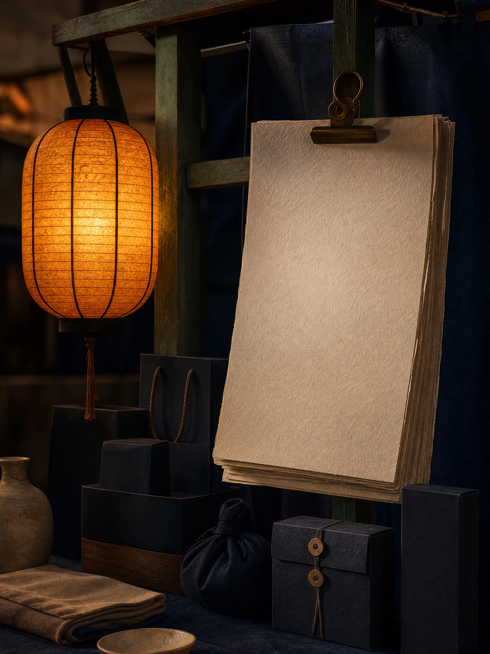 Blank editorial board beside an amber market lantern