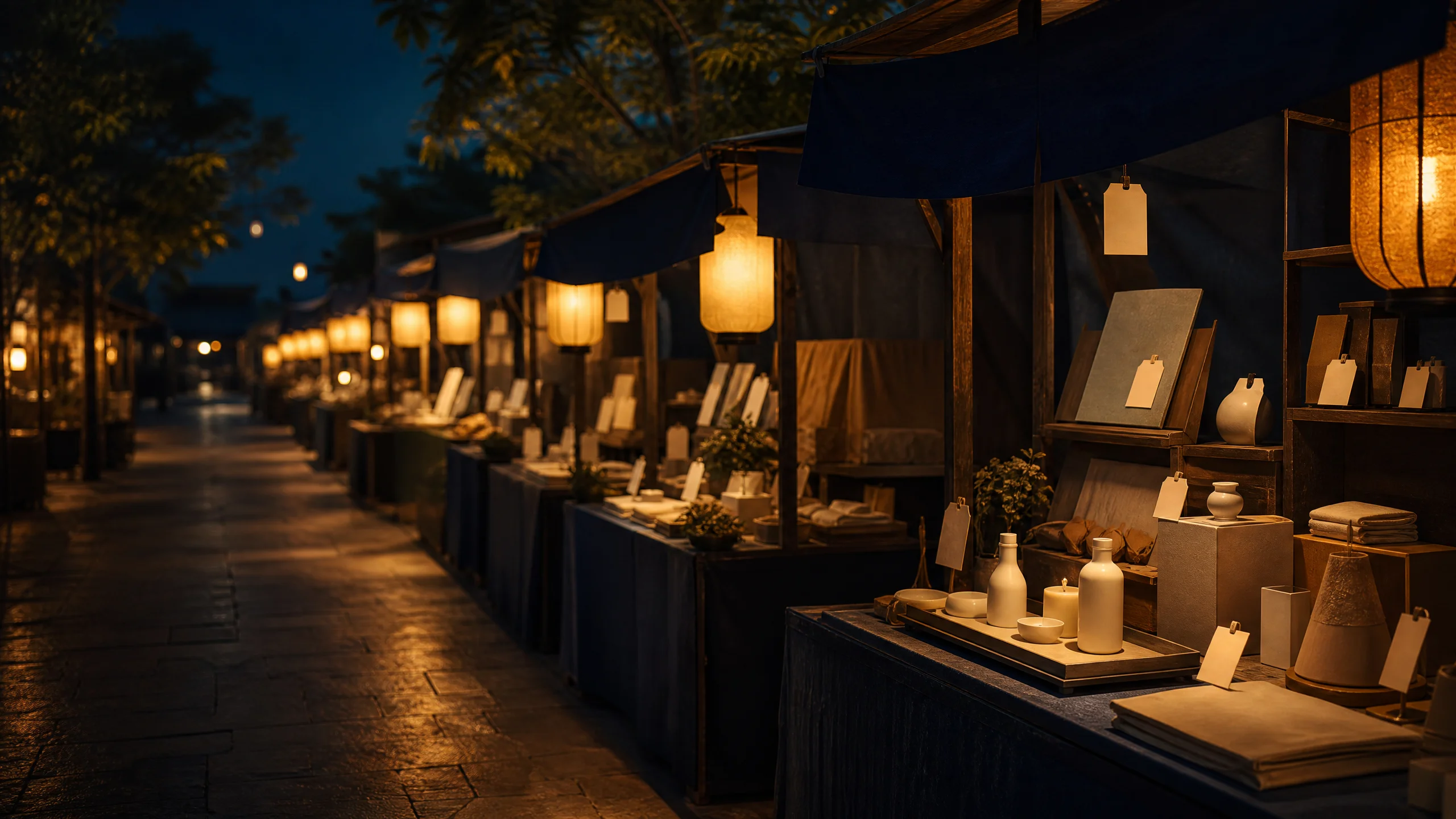 Lantern-lit night market lined with editorial displays