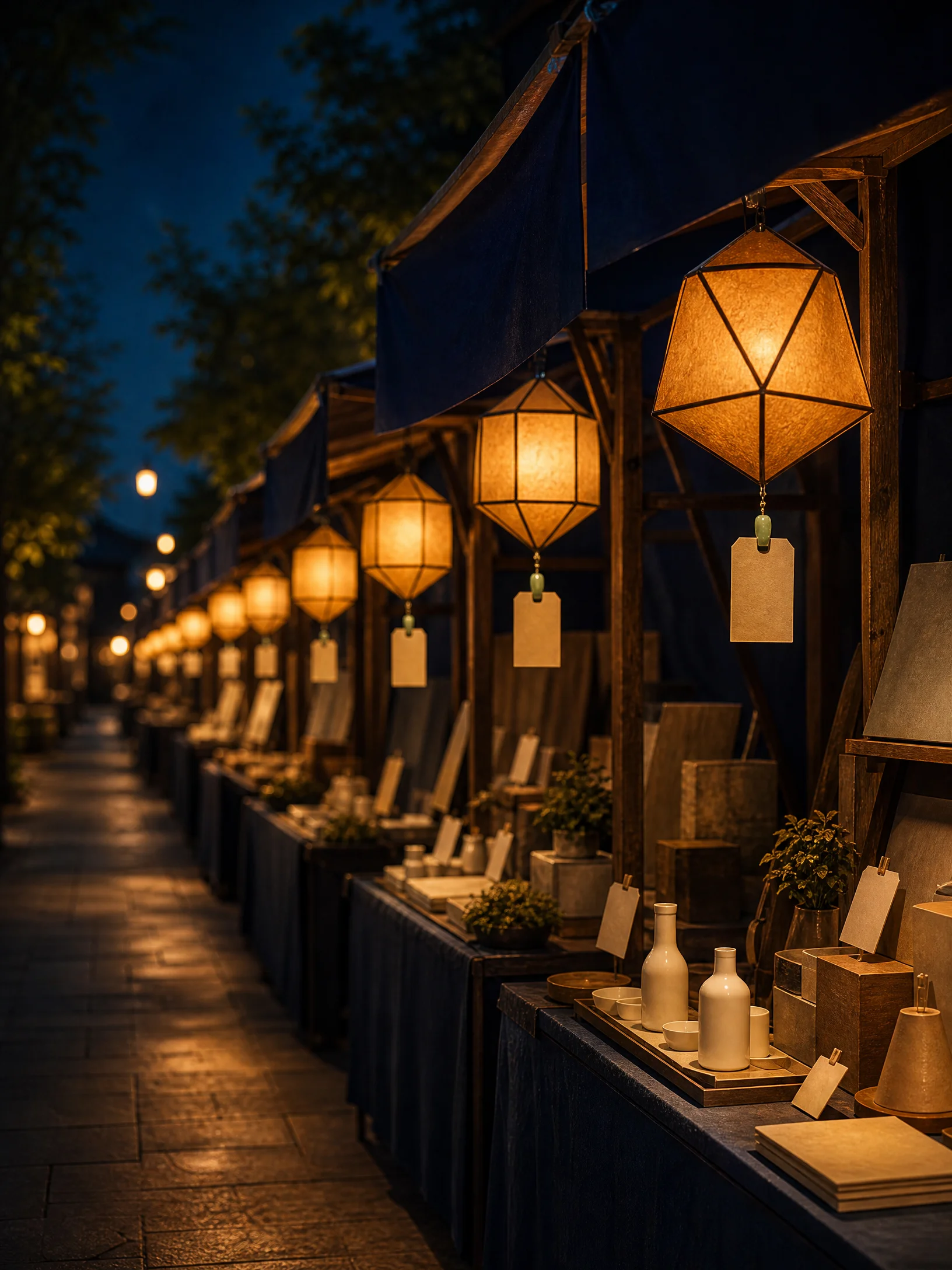 Lantern signs receding along a market lane