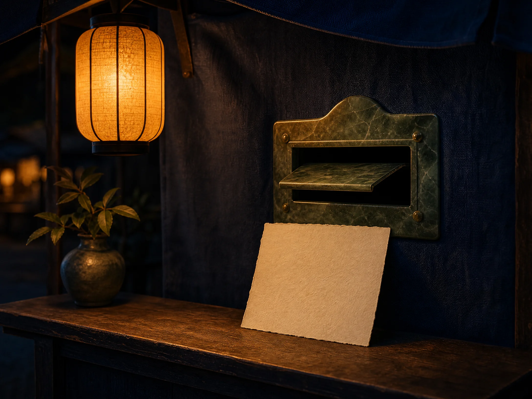 Brass letter box and blank card at a night market stall