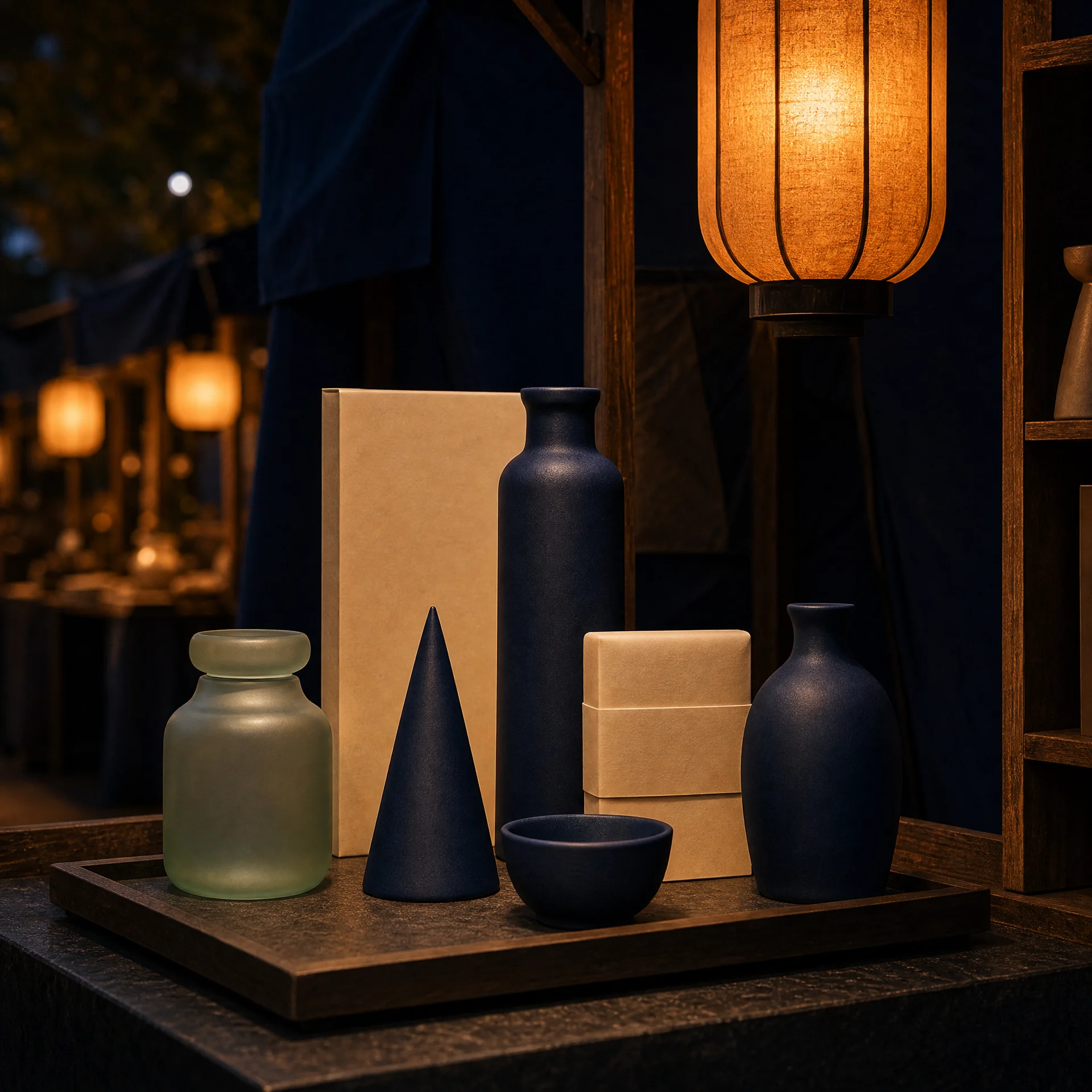 Distinct product forms arranged under a market lantern